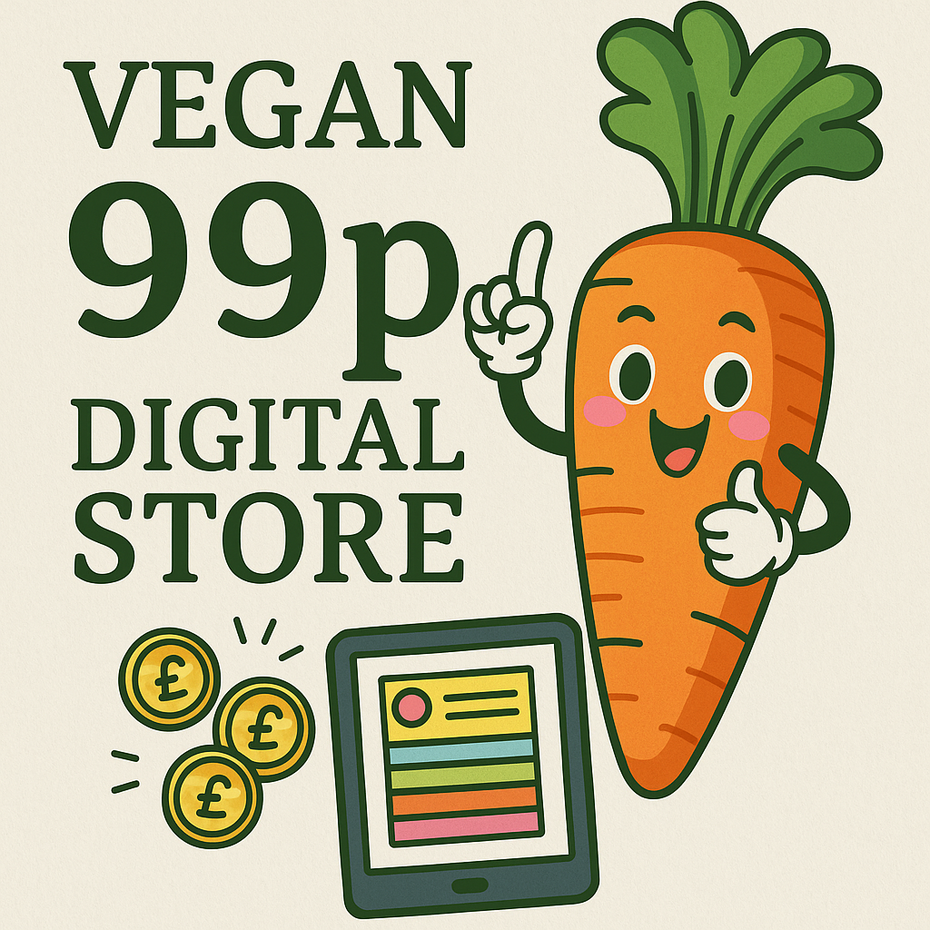 Playful cartoon carrot promoting the digital vegan shop with text overlay