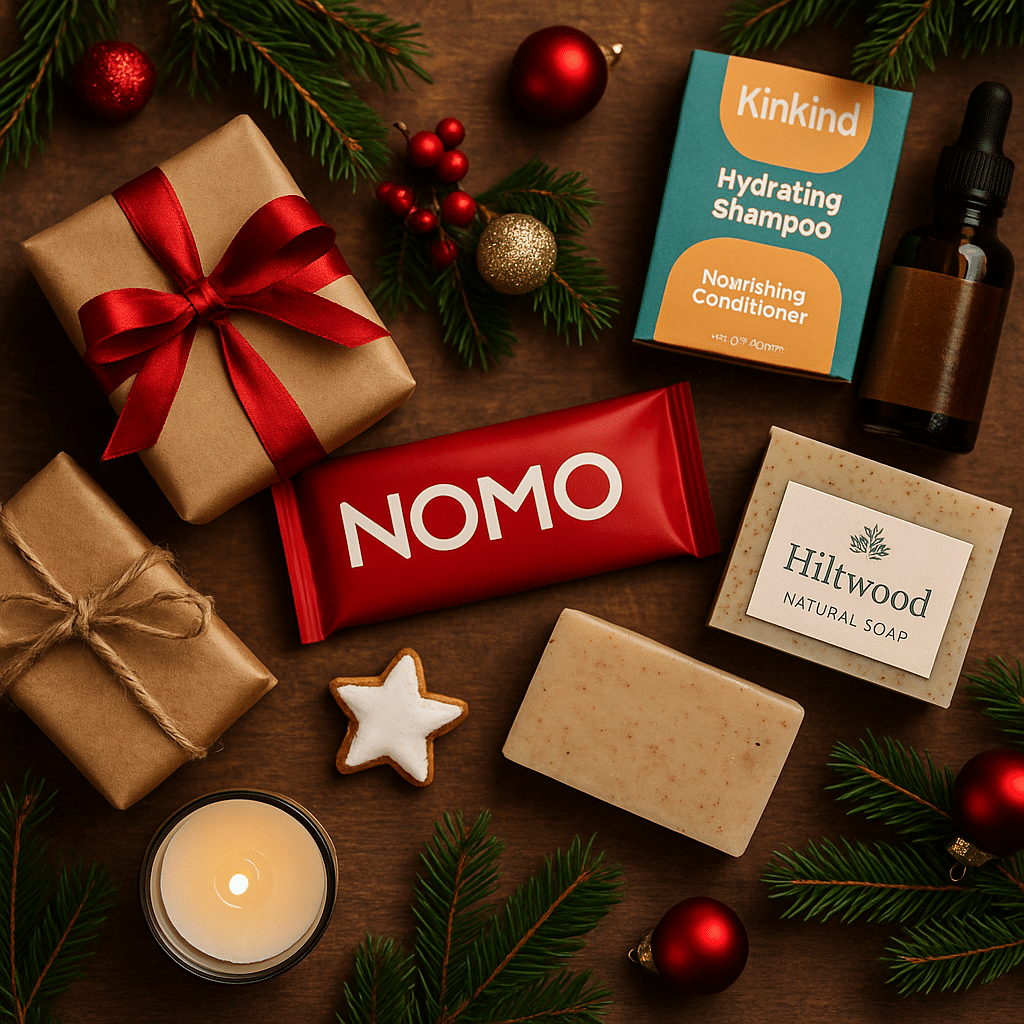 Vegan gift ideas including NOMO chocolate, KinKind shampoo bars, Hiltwood Natural Soap and wrapped Christmas presents on a festive background.