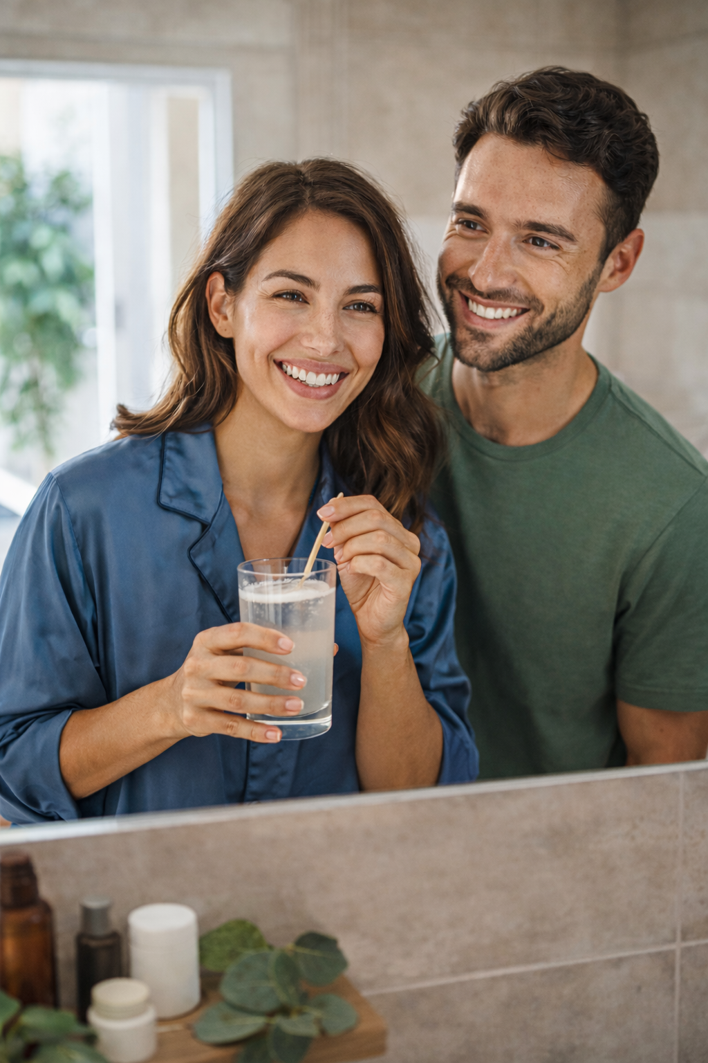 Vibrant lifestyle image of a couple with glowing skin holding a drink, representing vegan collagen and skin health.