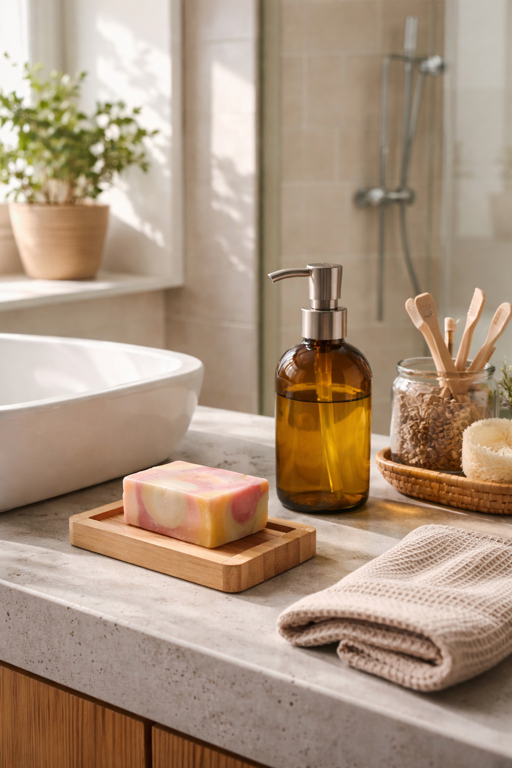 Zero waste bathroom products UK setup with colourful soap bar, refillable glass bottle and plastic free accessories
