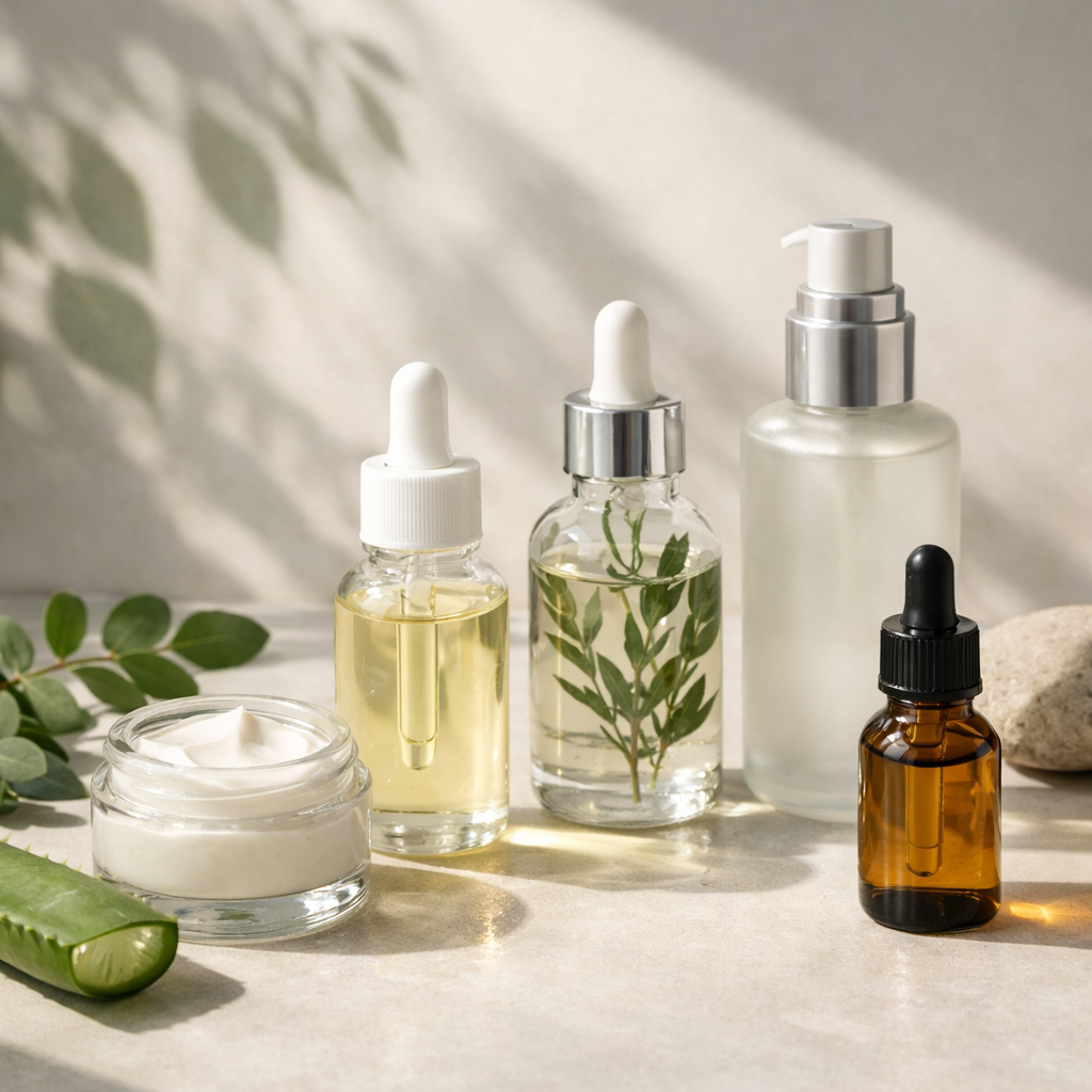 editorial style vegan skincare products in glass bottles with botanical ingredients