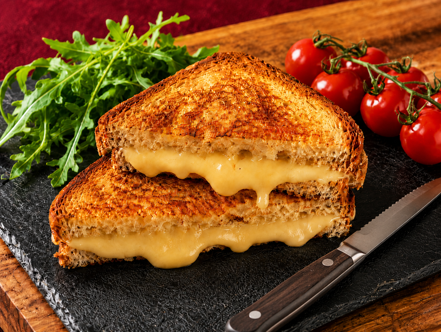 Melted vegan cheese toastie on a black board with rocket, cherry tomatoes and a knife.